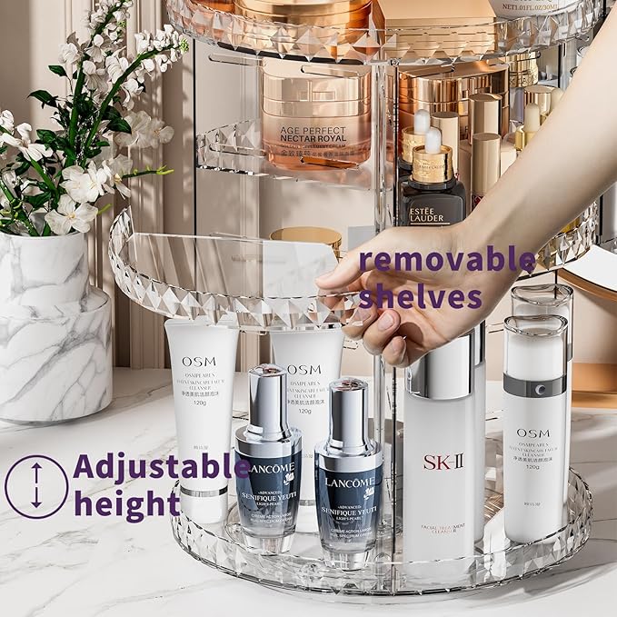 360° Rotating Makeup Organizer, Diamond Pattern DIY 5 Adjustable Layers Skincare Clear Cosmetics Organizer for Vanity Countertop with Perfume Tray