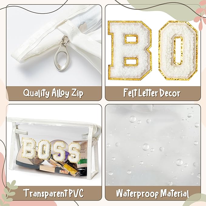 CY2SIDE BOSS Clear Makeup Bag - White BOSS Letter Patch Cosmetic Bag Best Gift for Sister PVC Zipper Clear Travel Pouch with handle for Toiletries Waterproof Portable Travel Organizer for Women Girl