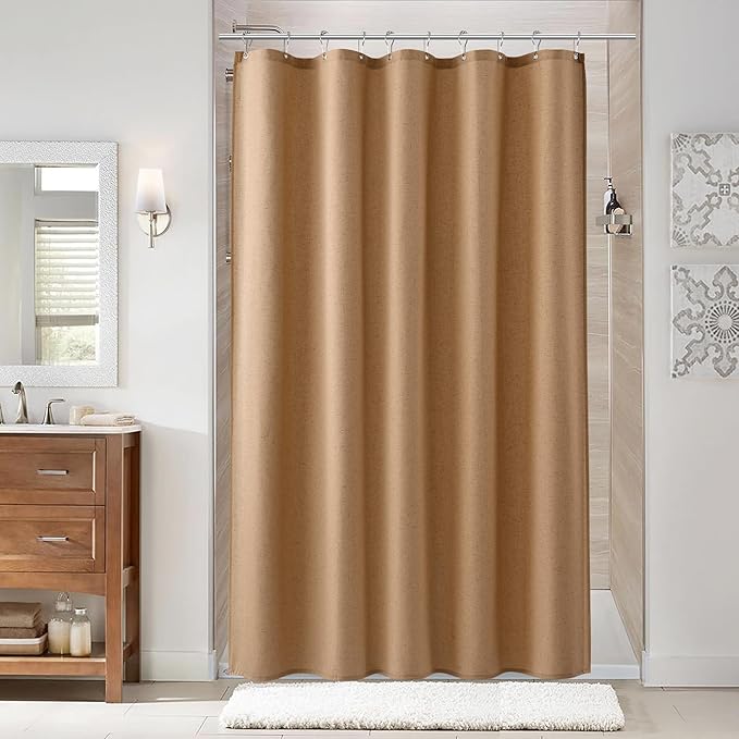 Naturoom Camel 60 Inch Shower Curtain - Stall Narrow Half Linen Ultra Thick Fabric Shower Curtain Set with Hooks, Boho Farmhouse Rustic RV Camper Bath Curtains for Bathroom, 60x72