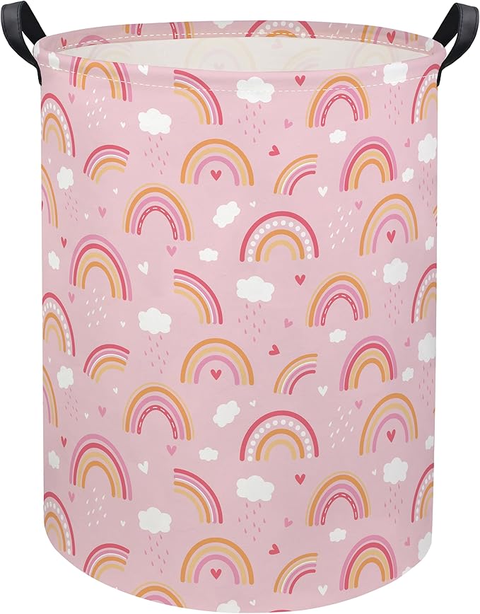 Baby Laundry Basket Kids Hamper Toy Storage Bin for Boys Room Decor Baby Nursery Hamper Gift Baskets for Bedroom Bathroom(Pink Rainbows)