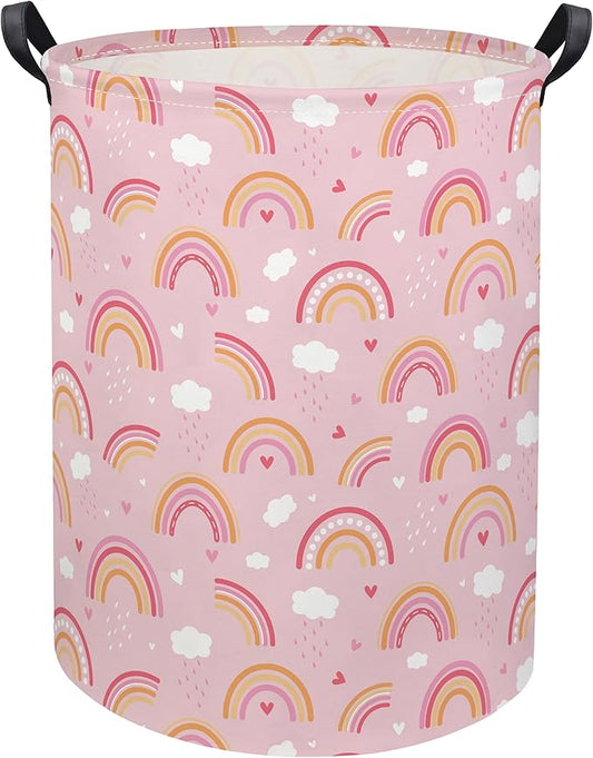 Baby Laundry Basket Kids Hamper Toy Storage Bin for Boys Room Decor Baby Nursery Hamper Gift Baskets for Bedroom Bathroom(Pink Rainbows)