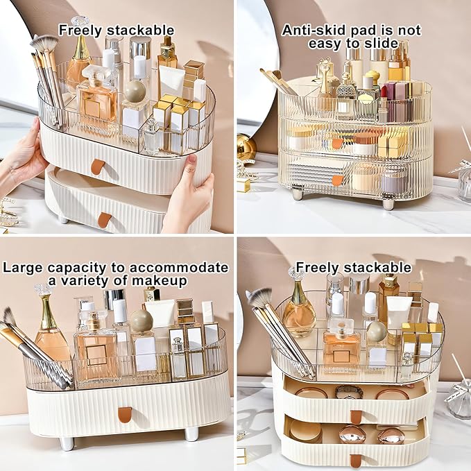 DASITON Makeup Organizer with Drawer,6 Slots Stackable Makeup Brush Holder,Skincare and Cosmetic Organizer for Bathroom Vanity Countertop Makeup Storage for Cosmetics,Brushes,Lipstick and Jewelry