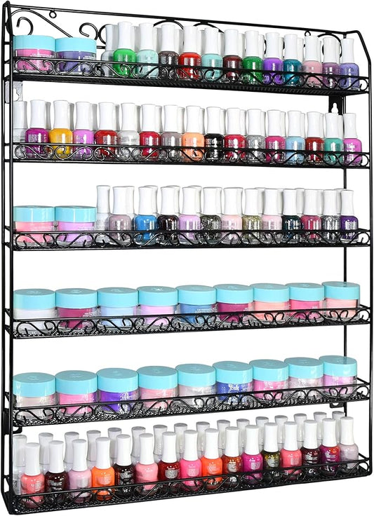 AMT 6 Tier Up to 192 BOTTLES Metal Nail Polish Racks for the Wall, Quality Nail Polish Display, Essential Oils Organizer. Holds up to 192 Bottles (Black)