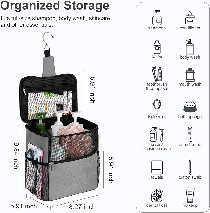 Mesh Shower Caddy Hanging Portable, Bathroom Caddy Organizer for College Dorm Essentials, Shower Tote Bag with Built-in Hook for Beach, Swimming, Gym camping (Grey)