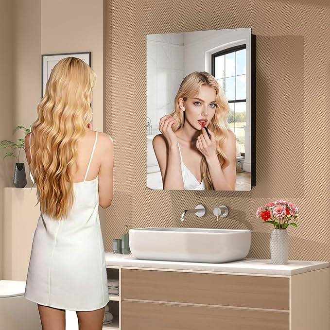 15"x20" Black Medicine Cabinet Mirror, Recessed & Surface Mount Medicine Cabinets for Bathroom, Tempered Glass Mirror + Full Metal Storage Cabinet, 2 Stable and Removable Shelves, Left or Right Open
