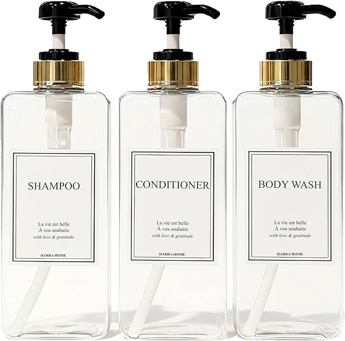 Modern Gold Design Shampoo and Conditioner Dispenser, Large 27oz Shower Soap Dispenser, Set of 3 Refillable Empty Plastic Pump Bottles for Bathroom (6 Waterproof Labels Included), (Clear & Black)