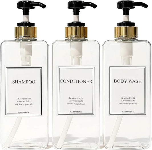 Modern Gold Design Shampoo and Conditioner Dispenser, Large 27oz Shower Soap Dispenser, Set of 3 Refillable Empty Plastic Pump Bottles for Bathroom (6 Waterproof Labels Included), (Clear & Black)