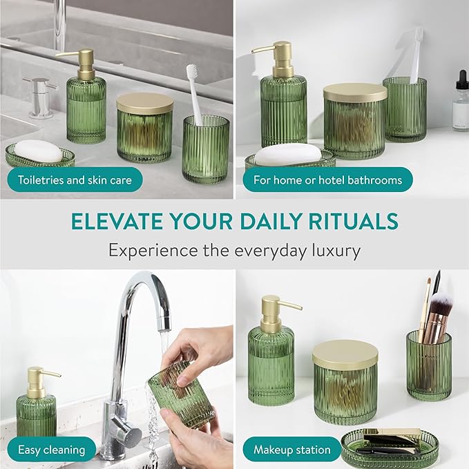 Navaris Glass Bathroom Accessories Set - Durable 4 Piece Accessory Set in Sage Green - Vanity Home Decor - Toothbrush Holder, Soap Dispenser, Cotton Jar & Soap Dish
