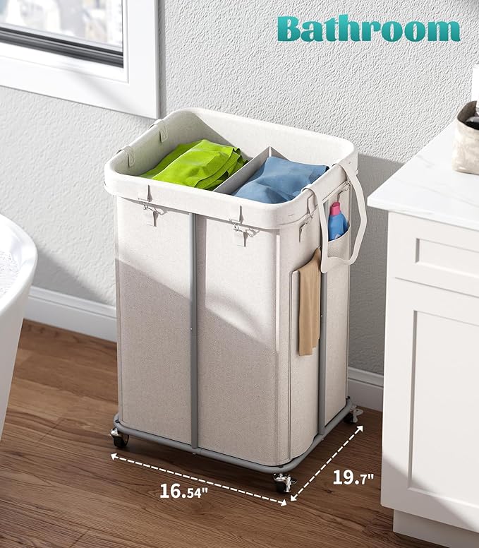 155L Laundry Hamper with Wheels, Rolling Laundry Basket with Metal Frame and Removable Bag, Double Laundry Hamper 2 Section, Large & Tall Dirty Clothes Hampers for Bedroom Aesthetic, Laundry Room