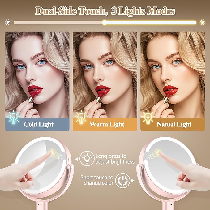 MOMOKUBA Makeup Mirror with Lights, Double Sided 1x/30x Magnifying Mirror with Light, Rechargeable 3 Color Lights and Adjustable Brightness, 360° Rotation Detachable Comes with Tweezer(Blush-30X)
