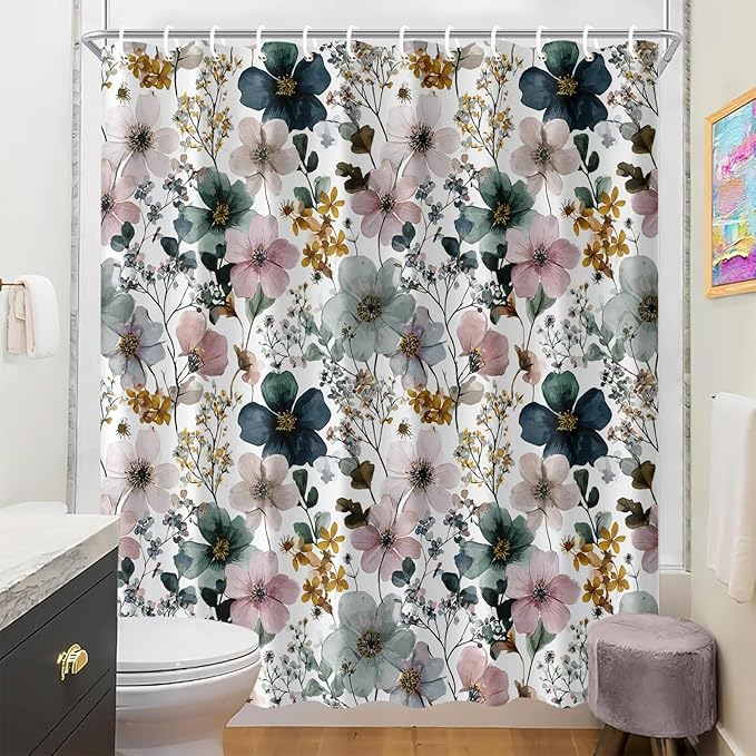 Watercolor Floral Shower Curtain 72x72 Inch Elegant Hand Painted Flower Print Bathroom Curtain Fabric for Vintage or Modern Decor