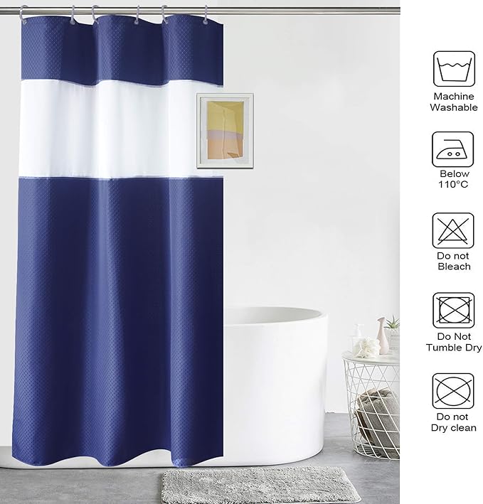 UFRIDAY Navy Blue Waffle Weave Fabric Shower Curtain with Mesh Window Stall Shower Curtain 36 x 72 inch, Heavy Duty Decorative Bathroom Curtain, Spa-Like Hotel Luxury, Water-Repellent