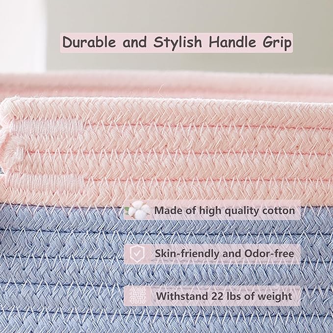 90L Large Blue Woven Rope Laundry Hamper Basket for Clohtes Boho Tall Rope Baskets for Blanket Baby Nursery Hamper for Girls Kids 17"Wide 22"Tall
