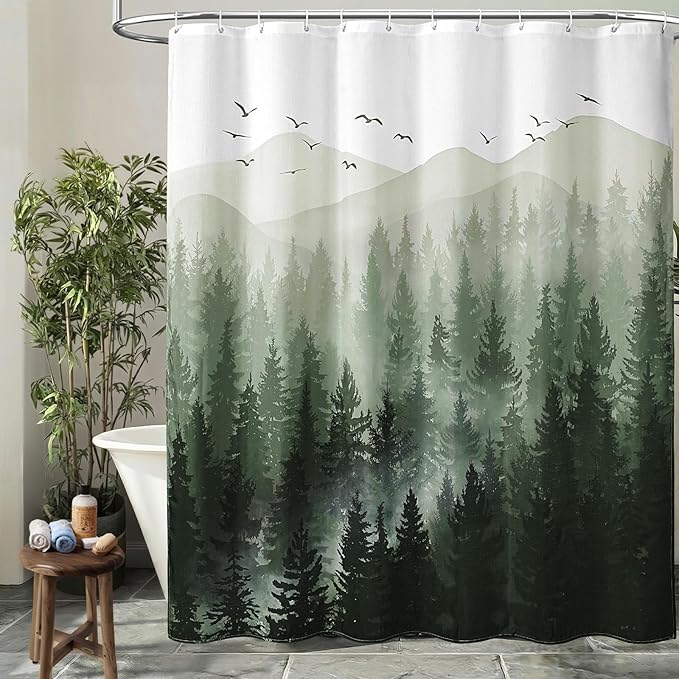 Green Forest Rustic Shower Curtain, Nature Mountain Tree Shower Curtains for Bathroom with 3D Bamboo Texture, 72 x 72