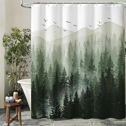 Green Forest Rustic Shower Curtain, Nature Mountain Tree Shower Curtains for Bathroom with 3D Bamboo Texture, 72 x 72