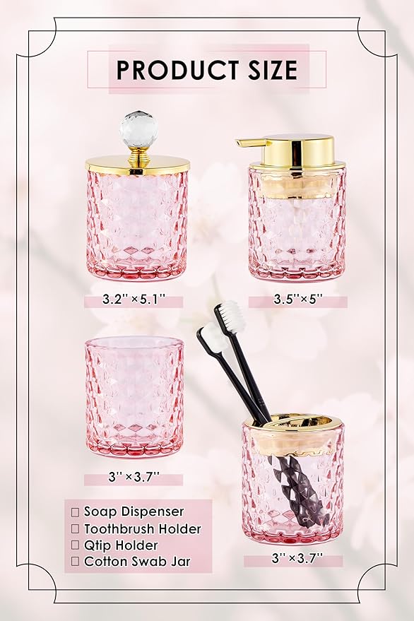 Pink Bathroom Accessories, 4Pcs Pink Bathroom Accessory Set Complete, Toothbrush Holder Set, Soap Dispenser, Qtip Holder, Tumbler, Perfect for Bathroom Decor and Vanity