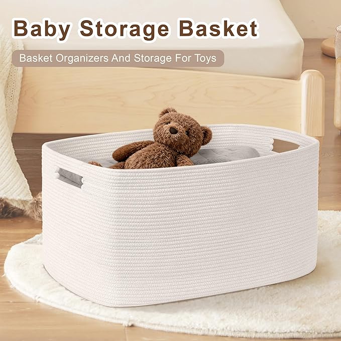 100L Extra Large Baby Girls Laundry Basket for Nursery Storage,Cute Woven cotton Rope Baskets for Kids Toy，Gifts, Boho Square Wicker Blanket hamper for Living Room,Bedroom Dirty Clothes, White