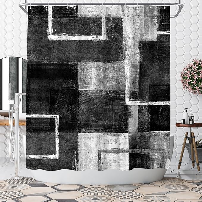 WELMECO Abstract Black Shower Curtain Geometric Shower Curtain Bathroom Decor Polyester Fabric 72x72inch (Black)