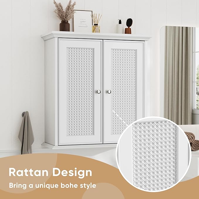 Smuxee White Bathroom Medicine Cabinet, Wall Mounted with Rattan Doors, 22.1" W x 23.6" H x 8.6" D, Adjustable Shelves, Wall Cabinet Over Toilet for Laundry Room Kitchen