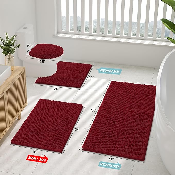 Smiry Luxury Chenille Bathroom Rugs 36x24, Extra Soft and Absorbent Shaggy Bath Mat, Machine Washable, Non-Slip Plush Carpet Runner for Tub, Shower, and Floor, Home Decor Accessories, Red