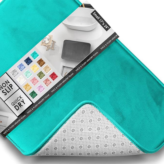 Clara Clark Bathroom Rugs, Velvet Memory Foam Bath Mat, Non-Slip, Machine Washable Bath Rugs - Dries Quickly, Ultra Soft Plush Bath Mats for Bathroom, 17 x 24, Teal Blue
