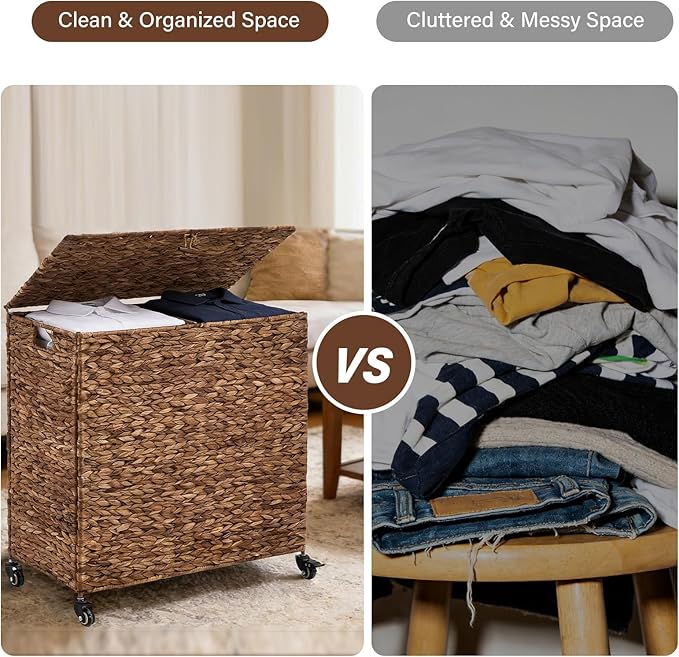Hand-Woven Laundry Basket with Wheels, Natural Water Hyacinth Laundry Hamper with Lid,Removable & Machine-Washable Liner 2-Section Clothes Hamper for Bathroom and Laundry Room(120L,Espresso)