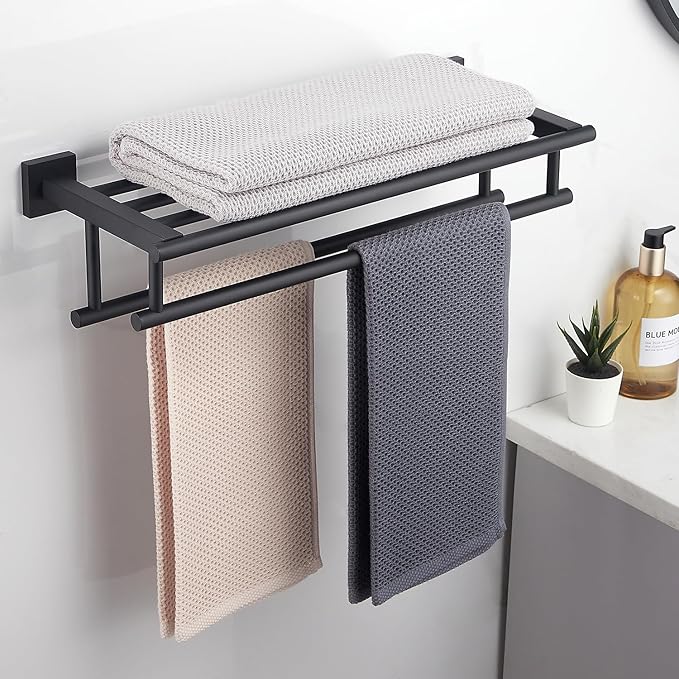 Towel Rack with Shelf 20 Inch Double Towel Racks for Bathroom Matte Black Bath Towel Holder SUS304 Stainless Steel Towel Rack Wall Mounted Modern Towel Hanger