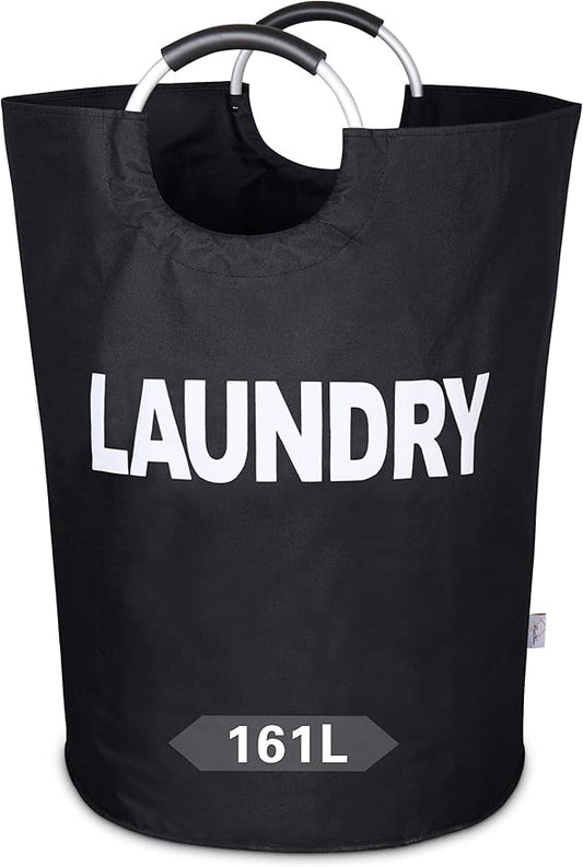Huge Laundry Basket Collapsible 160L, Oversized Clothes Hamper Bag with Handles – Tall Folding Dirty Laundry Bin, Sturdy Laundry Sorter for Family, Heavy Duty – Jumbo Size - Black