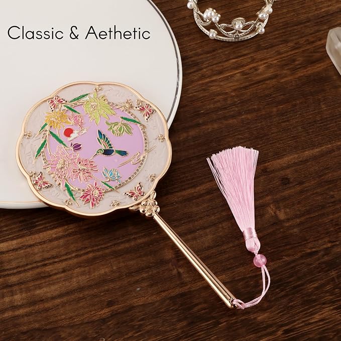 Hand Mirror, Handheld Mirror with Hummingbird Embossed Patterns (Metal), Unique Gifts for Women Birthday Gift for Women Mom Her, Elegant Cosmetic Mirror (Gold)