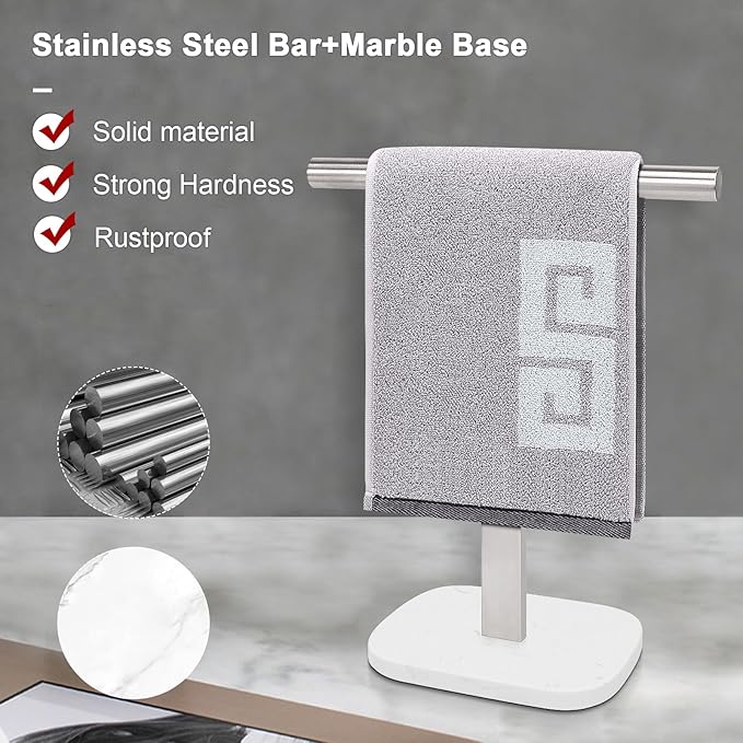 NearMoon T-Shape Hand Towel Holder-Bath Towel Rack-Standing with Balanced Base Towel Bar for Bathroom Kitchen Vanity Countertop, Modern Stand Towel Ring with Marble Base (14 Inch, Brushed Nickel)