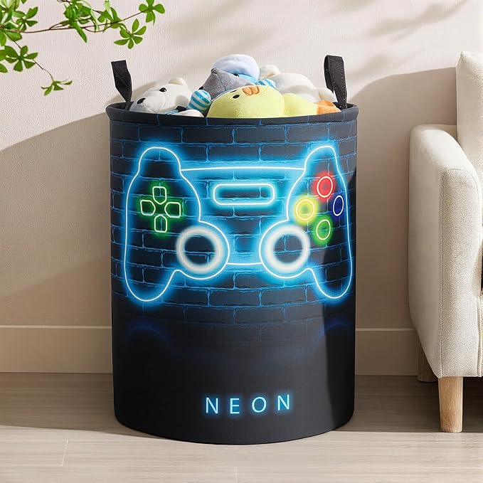 2Pcs Basketball Cute Kids Laundry Basket Baby Nursery Hamper Boys Room Decor Foldable Oxford Cloth Funny Tote Clothes Storage Bucket Organizer For Bedroom (Gamepad)