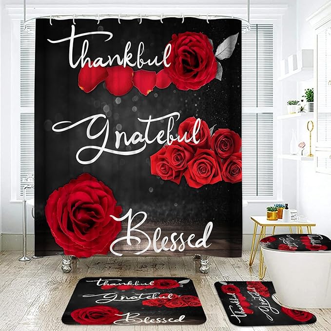 Onalasyc 4Pcs Red Rose Shower Curtain with Rugs Set Waterproof Bathroom Sets with Shower Curtain and Rugs Romantic Showy Red Rose Floral Inspirational Bathroom Curtains Shower Set with 12 pcs Hooks
