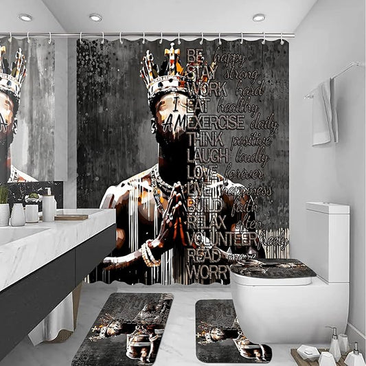 4Pcs Cool Black King Shower Curtain Set with Waterproof Shower Curtain Bath Mat Rug and Toilet Lid Cover, Inspirational Quote African American King Valentine's Day Bathroom Decor Set for Man