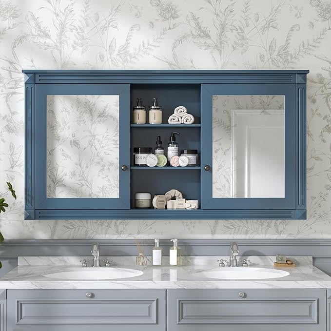Merax Bathroom Medicine Cabinet with Mirror Door & Adjustable Shelf, 55" x 28" Wall Mounted Bathroom Storage Cabinet with Mirror, Over The Toilet