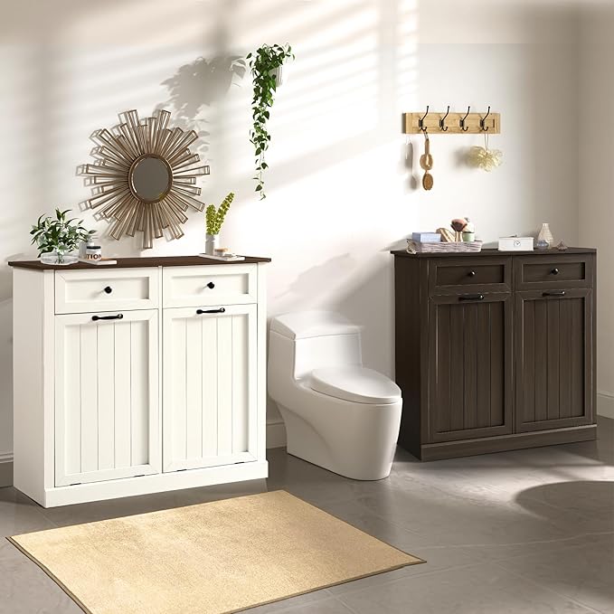Grepatio Tilt Out Laundry Hamper Cabinet, 22 Gallon Double Hidden Laundry Hamper, Wooden Trash Can Cabinet with 2 Drawers, Farmhouse Garbage Can for Bathroom, Kitchen, Living Room (White)