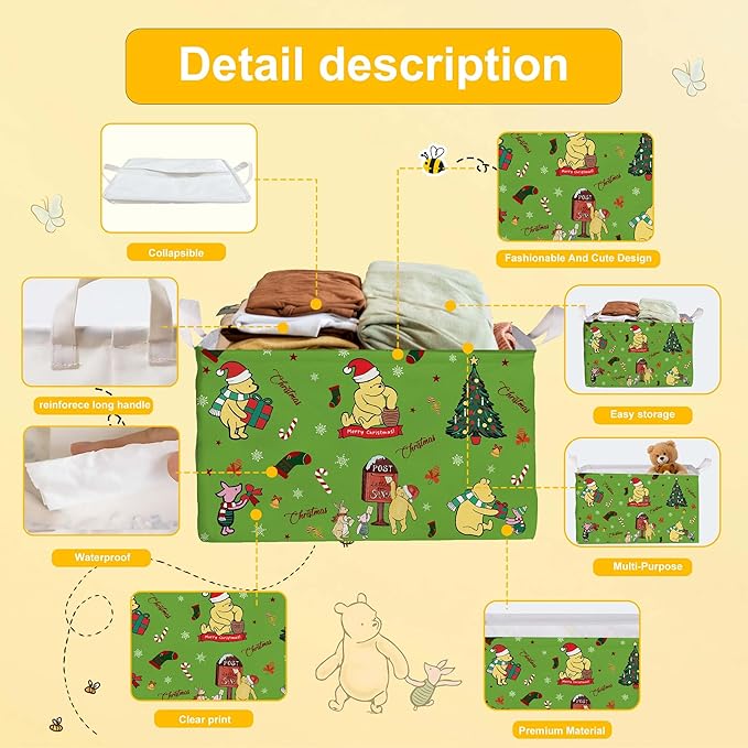 Winnie Theme Christmas Baskets Decor,the Pooh Baby Stuff, Large Square Canvas Baby Laundry Hamper with A Waterproof PE Coating,Foldable Storage Bin for Toys and Clothes