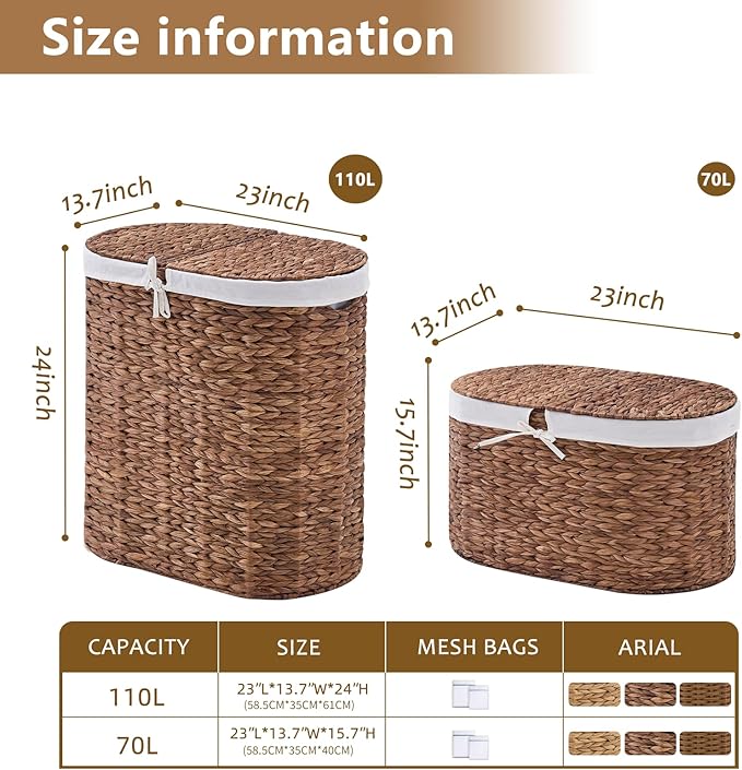 Laundry Hamper with Lid, Handwoven Water Hyacinth Clothes Hamper with Removable Liner Bags, 2 Section Wicker Laundry Basket for Bedroom, Laundry Room and Bathroom (Espresso, 70L)