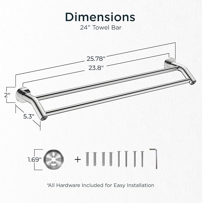 FORIOUS Double Towel Bar 24", Heavy Duty SUS304 Stainless Steel Dual Towel Racks for Bathroom Wall Mount, Space Saving Towel Rod Towel Holder Rail, Chrome