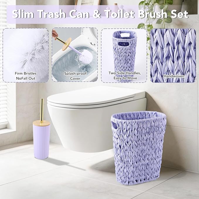 Bathroom Accessories Set, 25PCS Wicker Bathroom Accessory Set with Shower Curtain, Bath Mat, Soap Dispenser, Handwoven Trash Can & Ratten Tissue Box (Purple, Bath Set+Shower Curtain+Rugs)
