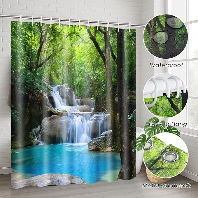 Britimes 4 Piece Shower Curtain Sets, Scenery Waterfall with Non-Slip Rugs, Toilet Lid Cover and Bath Mat, for Bathroom Decor Set, 72" x 72"
