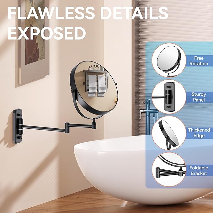 Auxmir 1X/30X Wall Mounted Makeup Mirror, Double Sided Magnifying Mirror with Tweezers, Bathroom Makeup Mirror, Cosmetic Vanity Mirror with 360 Rotation Extendable Swivel Arm, Black
