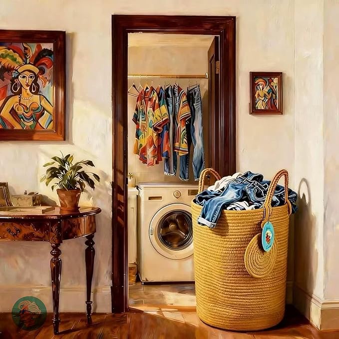 Modern Granny Large Cotton Rope Laundry Hamper 15x20 Inch Dual Secure Woven Handle for Living Room Closet Clothes Blanket Organization