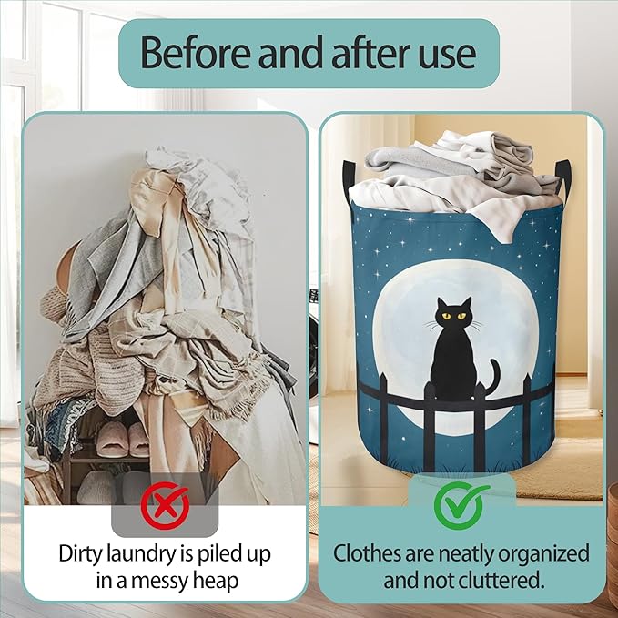 Laundry Basket With Handle, Dirty Clothes Laundry Hamper, Oxford Cloth Bin Storage Organizer for Toy Collection (Starry Night Cat)