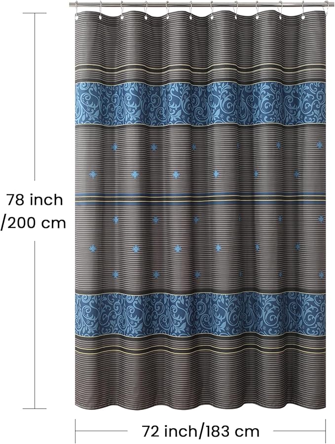 Fabric Shower Curtain, 78 Inch Long Brown and Blue Print Waterproof Shower Curtains for Bathroom, 72" W x 78" H