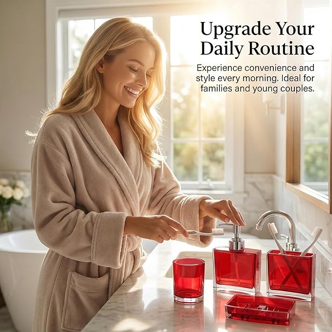 Bathroom Accessories Set, Acrylic Bathroom Accessory Set with Soap Dispenser,Soap Dish, Toothbrush Holder, Tumbler, Modern Bathroom Accessories Decor,Gift for Home (Red-5)