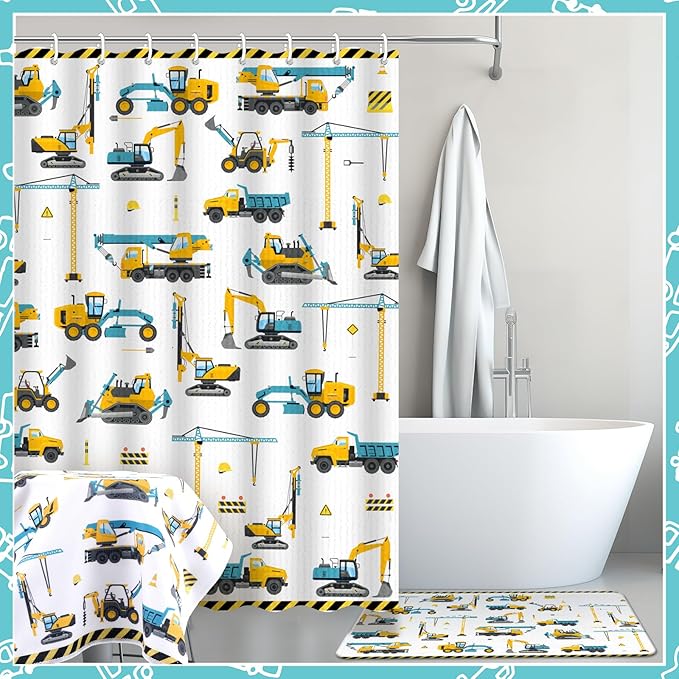 Nuanchu 6 Pcs Construction Shower Curtain Set with Rug Bathroom Sets with Shower Curtain Bath Mat U Shaped Mat Toilet Lid Cover 2 Bath Towels and 12 Hooks Excavator Tractor Bathroom Decor