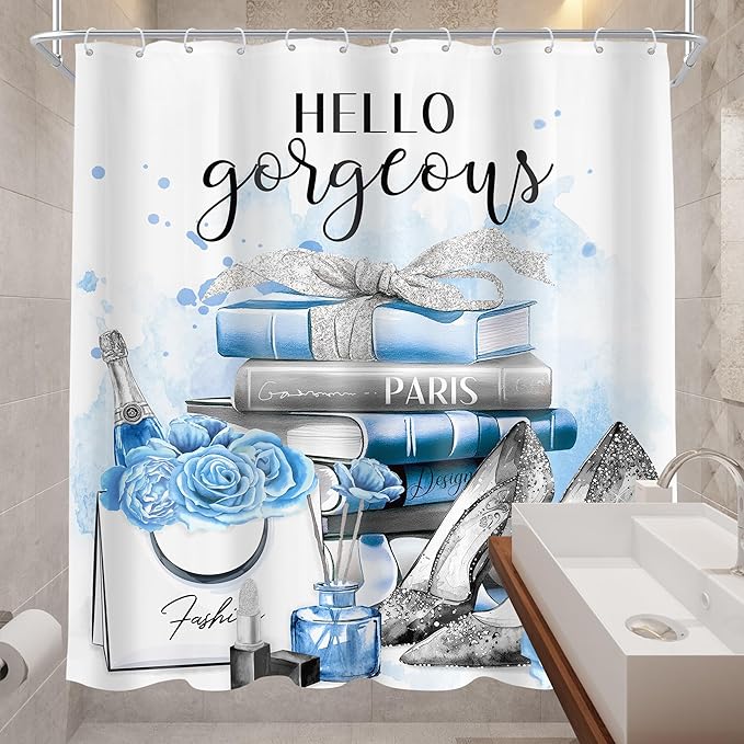 Cinbloo Girly Blue 72Wx72H Shower Curtain Silver Fashion Gray Teal Flower Perfume High Heels Bow Magazine Books Floral Elegant Bathroom Curtain Set Women Girls Bath Bathroom Accessories Decor