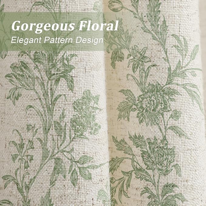 Sage Green Floral Shower Curtain,Vintage Linen Beige Cottagecore Shower Curtains for Bathroom, 72" W x 84" L