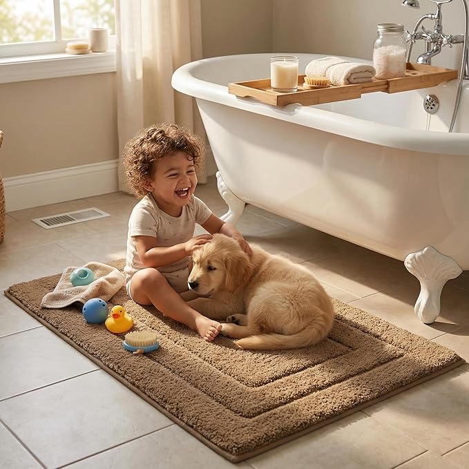 GRANNY SAYS Bathroom Rugs and Mats, 16" x 24" Non-Slip Bath Mat for Bathroom, Super Soft Absorbent Microfiber Bath Rug, Machine Washable and Dry, Small Champagne Rug for Shower, Tub and Bath Floor