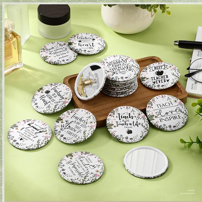 Geelin 20 Pcs Teacher Appreciation Gifts Bulk Mini Compact Makeup Mirrors Gift for Teacher Appreciation Week Graduation Team Group(Wildflowers Bottom)
